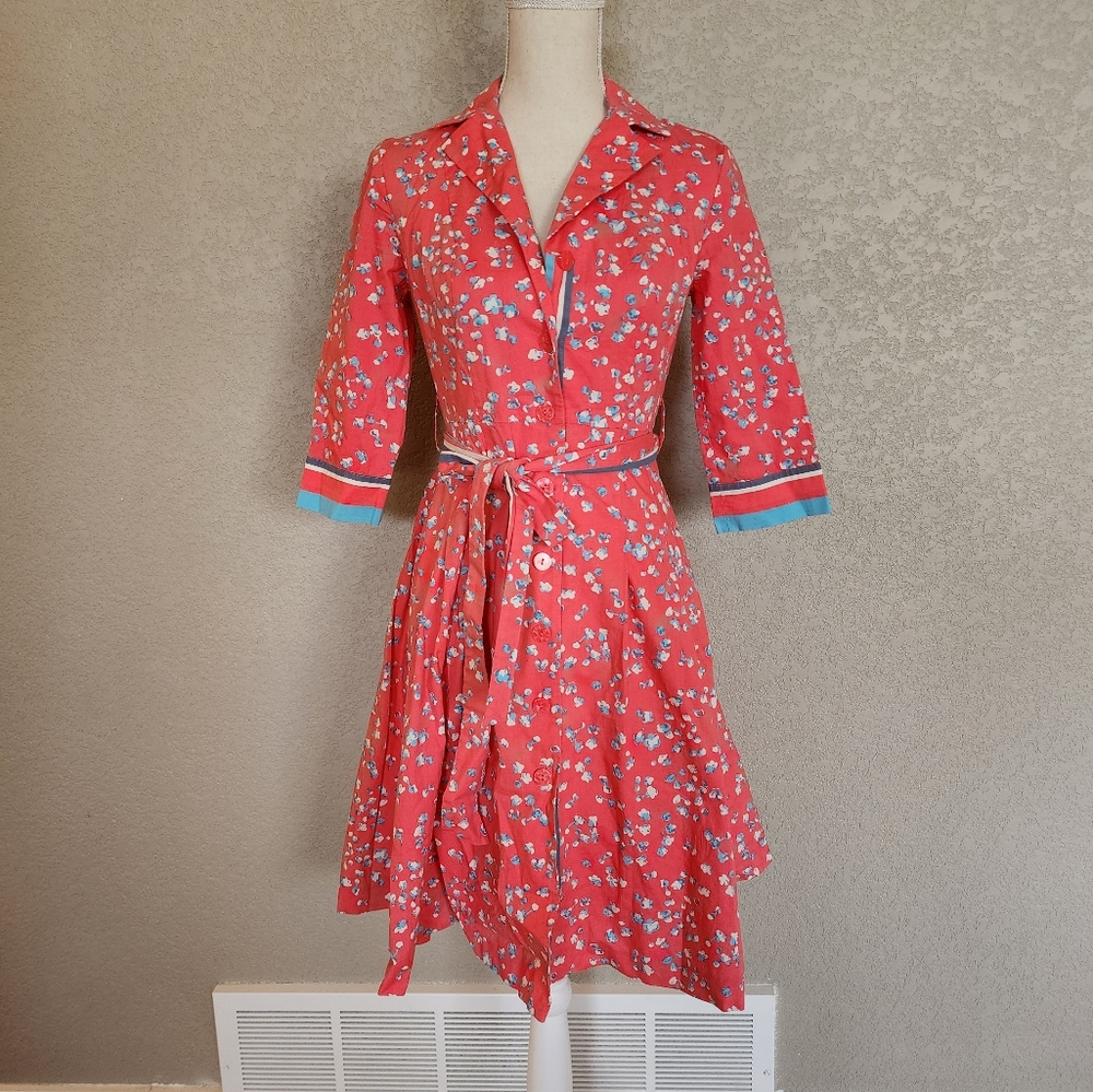 Boden Red Floral Dress with Blue Accents
